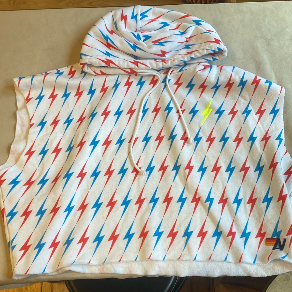 Aviator Noation Sleeveless Relaxed Cropped Pullover Hoodie- Red, White and Blue
